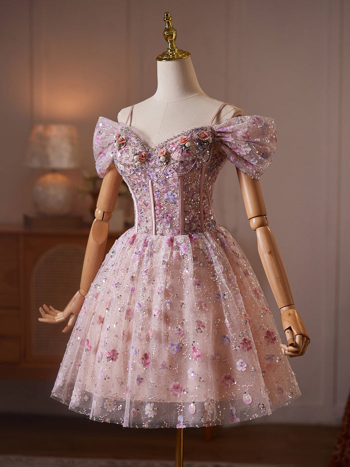 Unique Off Shoulder Tulle Sequin Pink Short Prom Dress with Beads
