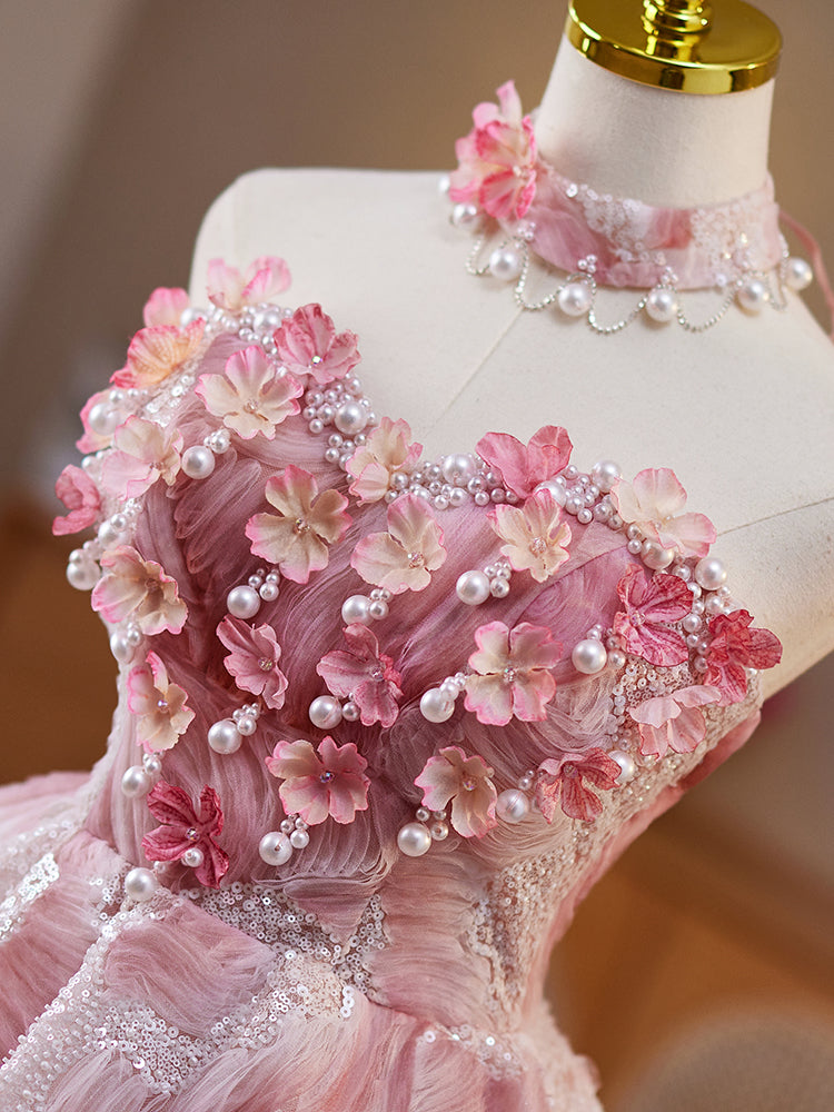 A-Line Pink Lace Flower Pink Short Prom Dress, Pink Homecoming Dress
