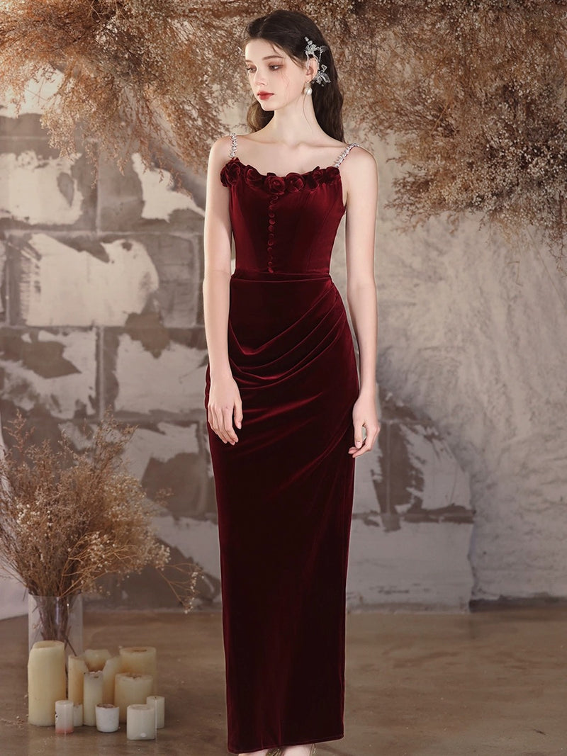 Burgundy Velvet Mermaid Long Prom Dress, Velvet Burgundy Long Formal Dress