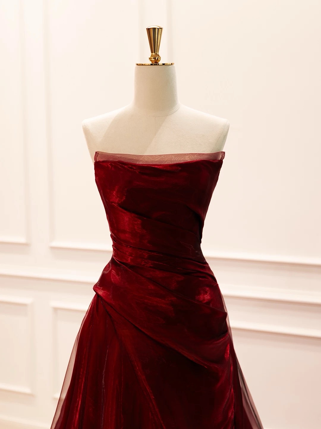 A-Line Organza Burgundy Long Prom Dress, Burgundy Long Evening Dress
