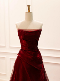 A-Line Organza Burgundy Long Prom Dress, Burgundy Long Evening Dress