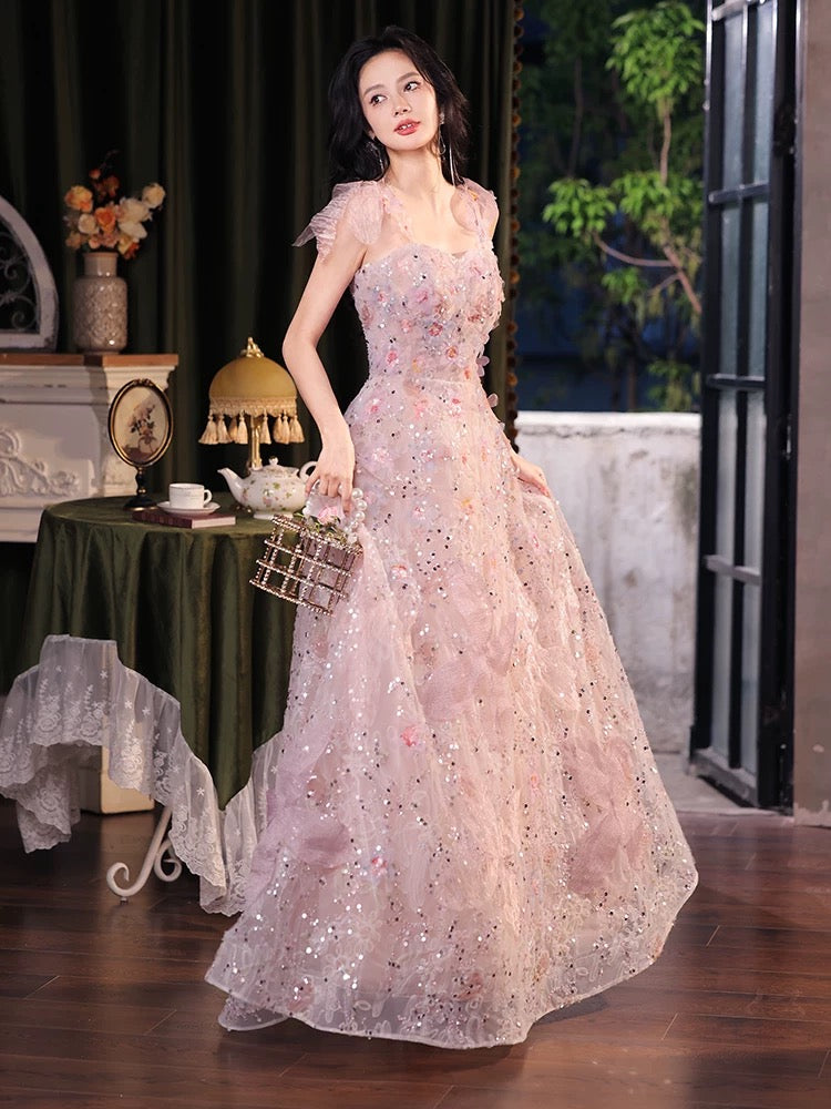 A-Line Sweetheart Neck Tulle Lace Pink Long Prom Dress, Pink Long Formal Dress