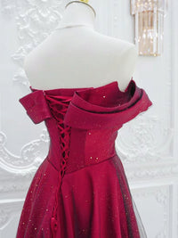 A-Line Off Shoulder Tulle Satin Burgundy Long Prom Dress
