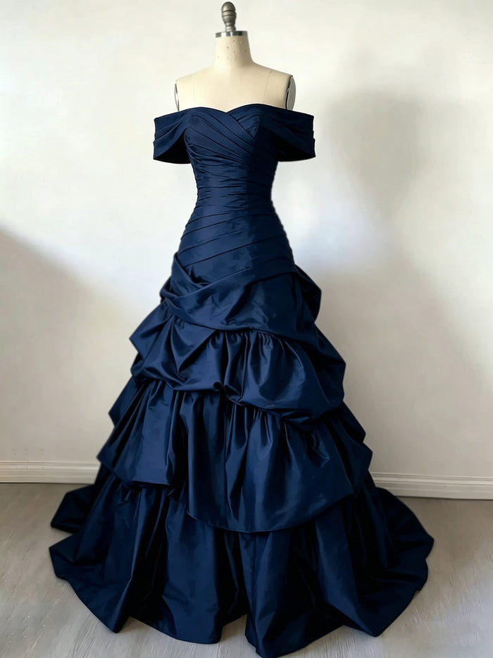 Dark Blue Sweetheart Off Shoulder Ruffles Long Prom Dress