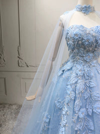 A-Line Tulle Lace Blue Long Prom Dress, Blue Long Formal Dress