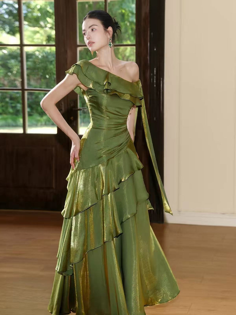 A-line One Shoulder Silk Green Long Prom Dress
