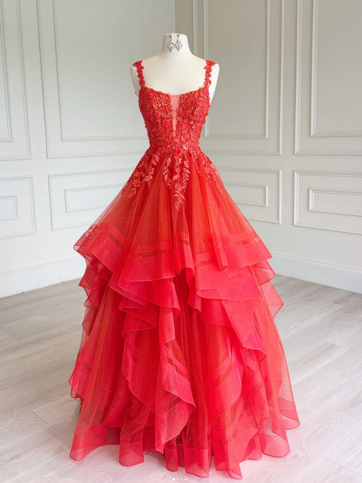 Unique V Neck Tulle Red Long Prom Dress with Lace Sequin