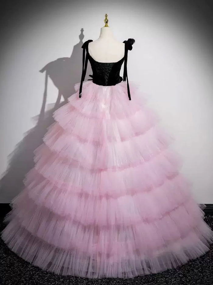 A-Line V Neck Pink Tulle Long Prom Dress, Pink Long Formal Dress