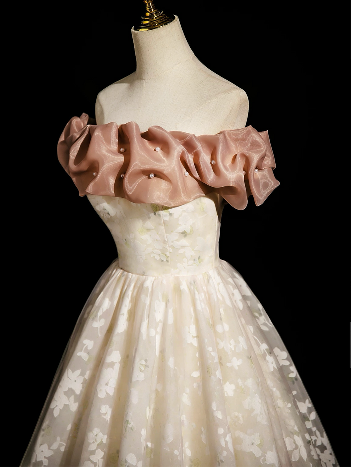 Champagne A-Line Lace Long Prom Dress, Champagne Long Evening Dress