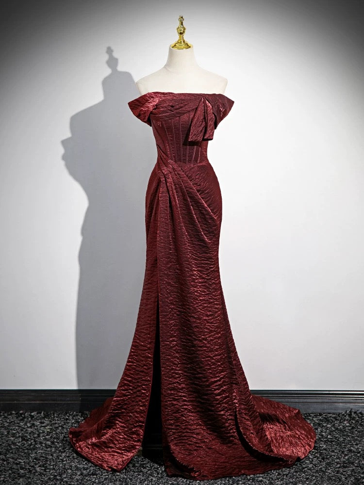 Simple Off Shoulder Burgundy Long Prom Dress, Burgundy Long Formal Dre