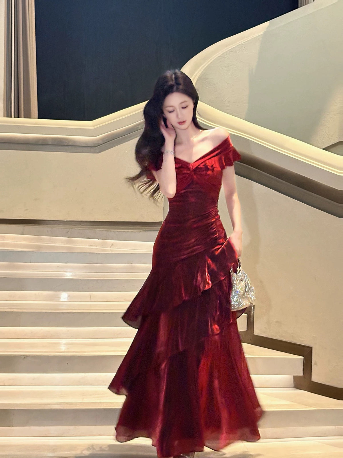 A-line Off Shoulder Satin Floor Length Burgundy Prom Dress