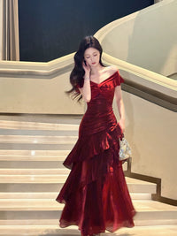 A-line Off Shoulder Satin Floor Length Burgundy Prom Dress