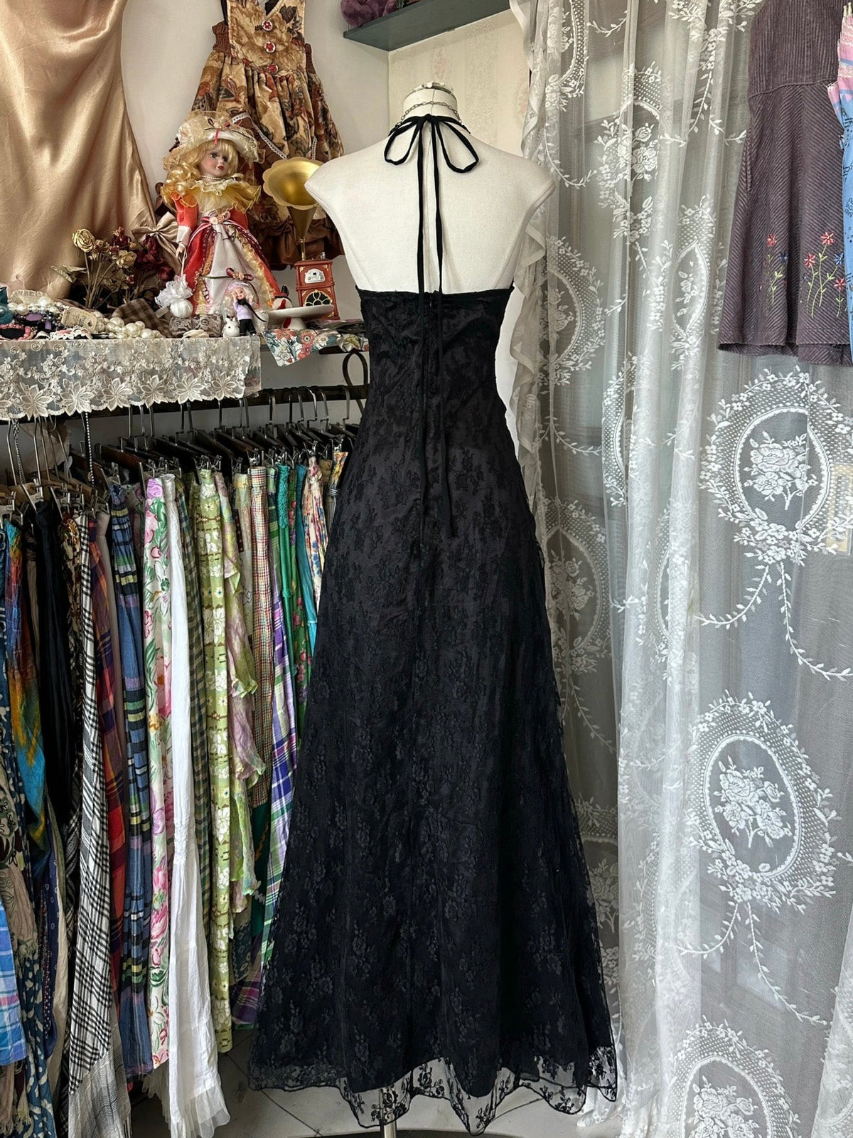 A-line V Neck Tulle Lace Black Long Prom Dress, Black Party Dress
