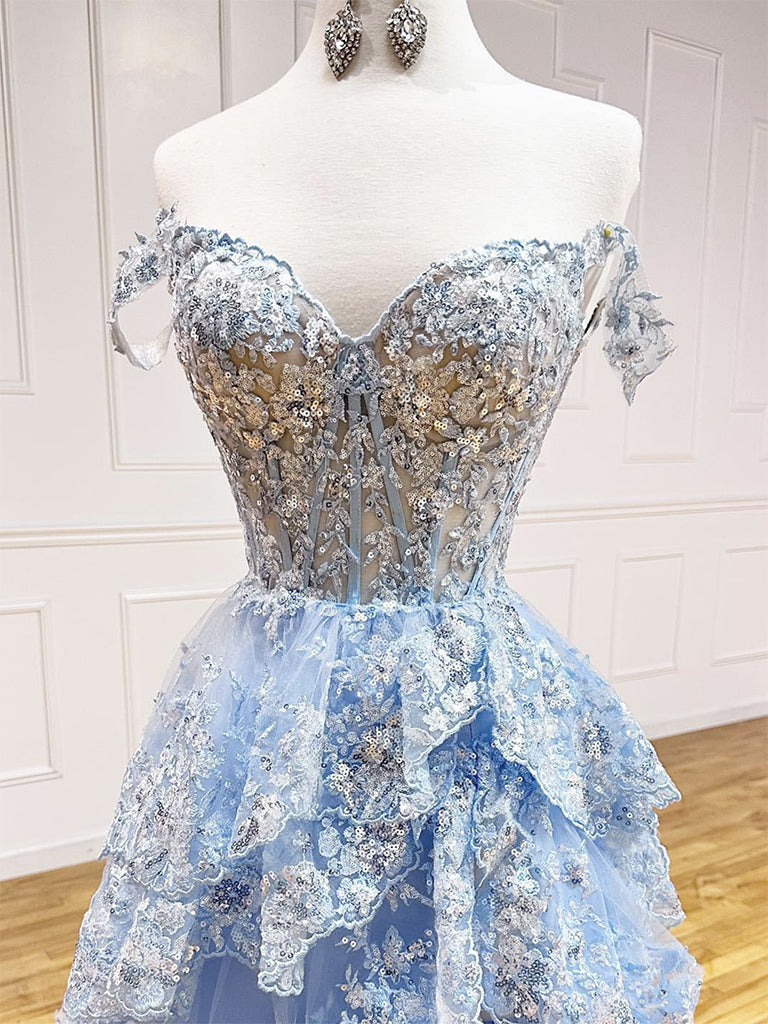 A-Line Tulle Sequin Lace Blue Long Prom Dress, Blue Long Formal Dress