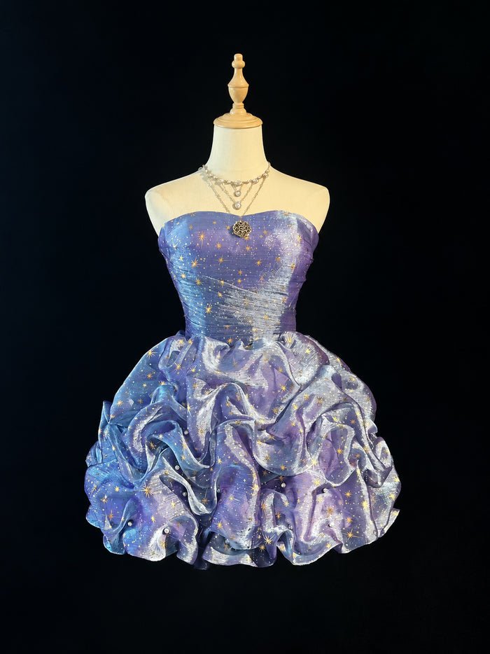 Sparkly Starry Sky Strapless Blue Purple Short Prom Dress with Ruffled Ball Gown Skirt
