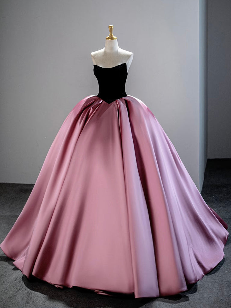 A-Line Satin Black/Pink Long Prom Dress, Black/ Pink Long Formal Dress