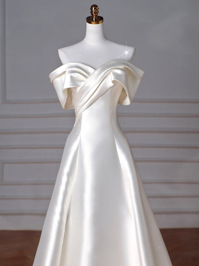 A-Line Off Shoulder Satin ivory Long Prom Dress, Satin Long Formal Dress