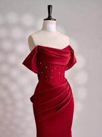 Mermaid Off Shoulder Satin Floor Length Burgundy Prom Dress with Beads