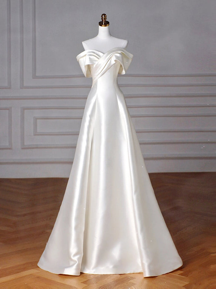 A-Line Off Shoulder Satin ivory Long Prom Dress, Satin Long Formal Dress