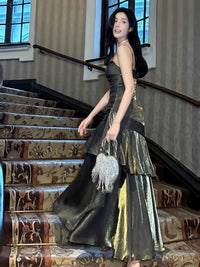 Mermaid Sweetheart Neck Silk Black Gold Long Prom Dress