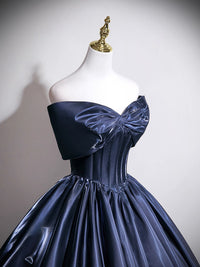 A-line V Neck Satin Floor Length Dark Blue Long Prom Dress