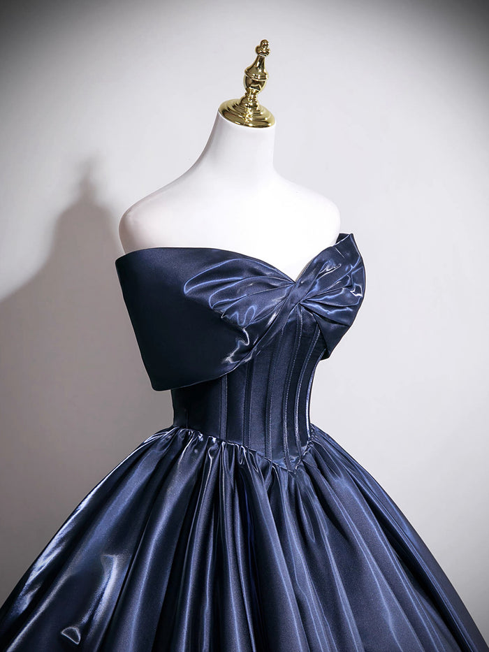 A-line V Neck Satin Floor Length Dark Blue Long Prom Dress