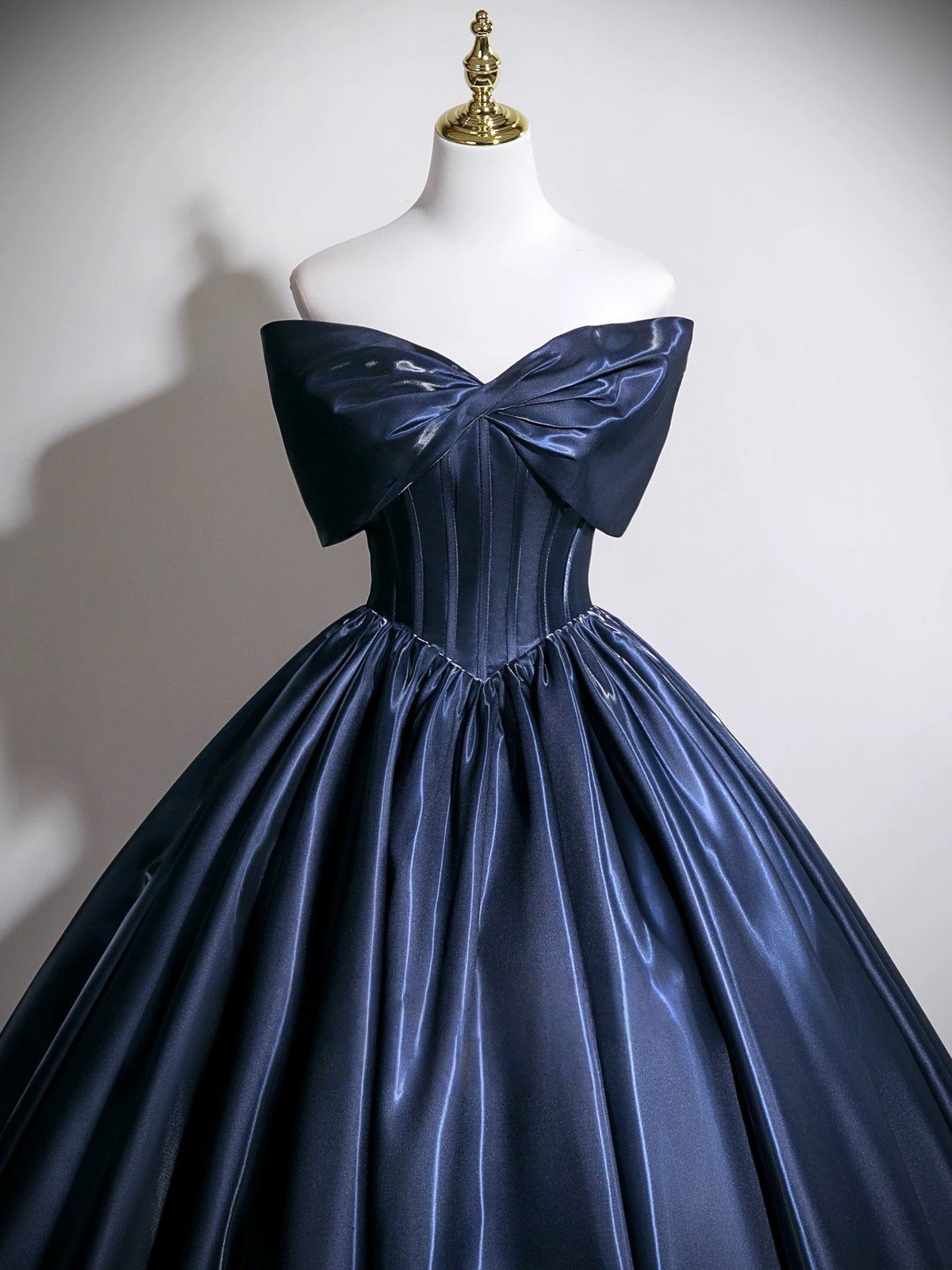 A-line V Neck Satin Floor Length Dark Blue Long Prom Dress