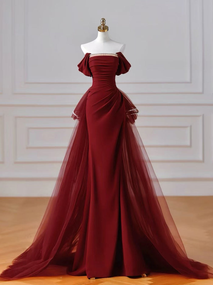 Mermaid Off Shoulder Tulle Satin Burgundy Long Prom Dress with Beads