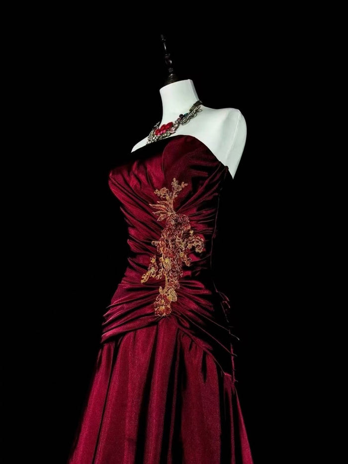 A-line Satin Lace Floor Length Burgundy Prom Dress