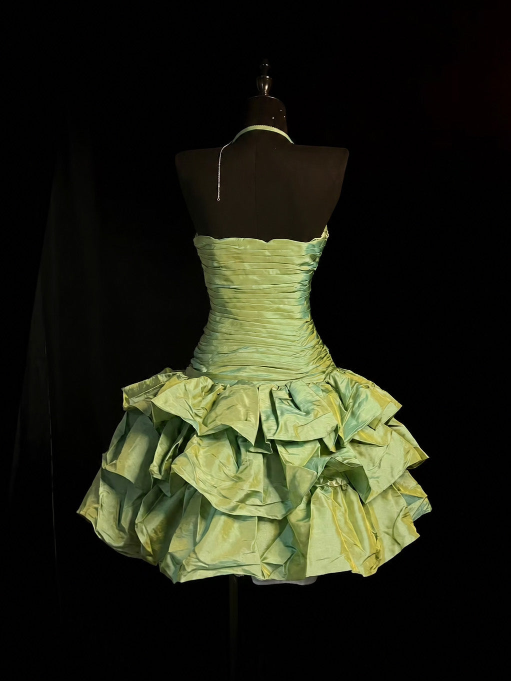 Sage Green Halter Ruched Lace Appliqué Tiered Ruffle Short Prom Dress
