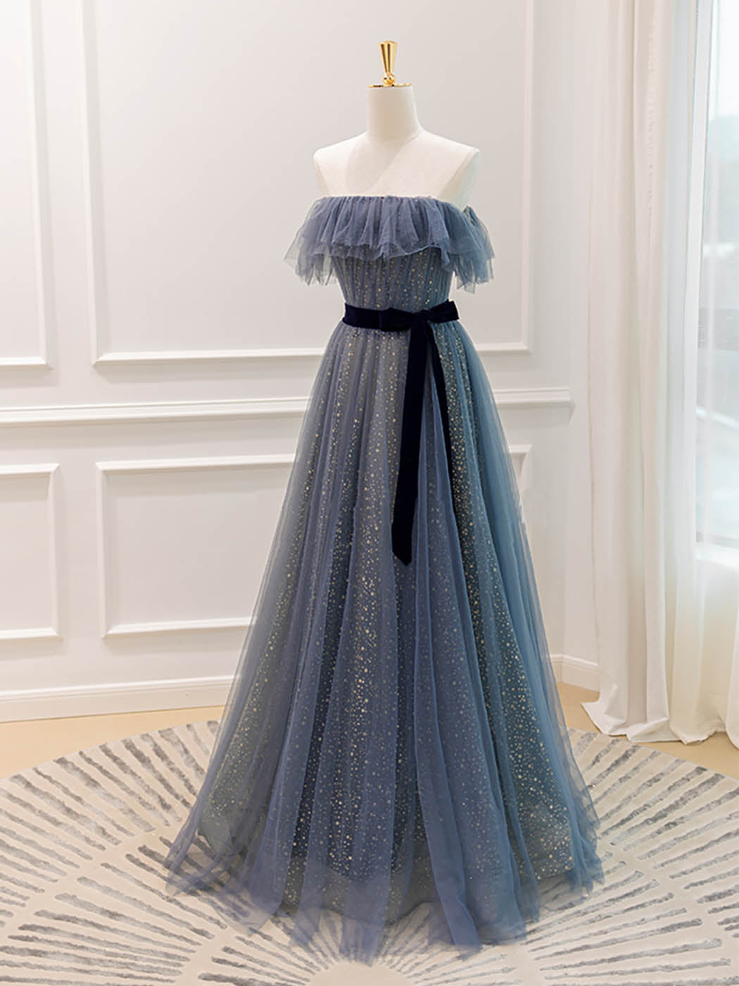 A-Line Off Shoulder Tulle Gray Blue Long Prom Dress, Gray Blue Formal