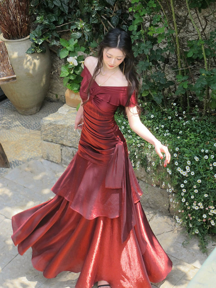 Mermaid Off Shoulder Silk Burgundy Long Prom Dress, Burgundy Party Dress