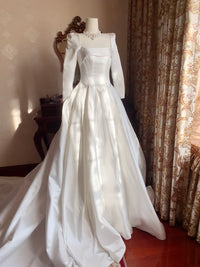 A-Line Long Sleeves Satin Sweep Train White Prom Dress