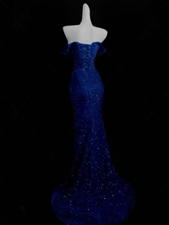 Mermaid Off Shoulder Velvet Sequin Blue Long Prom Dress
