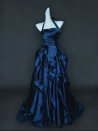 A-line Satin irregular Dark Blue Long Prom Dress