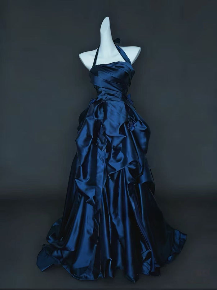 A-line Satin irregular Dark Blue Long Prom Dress