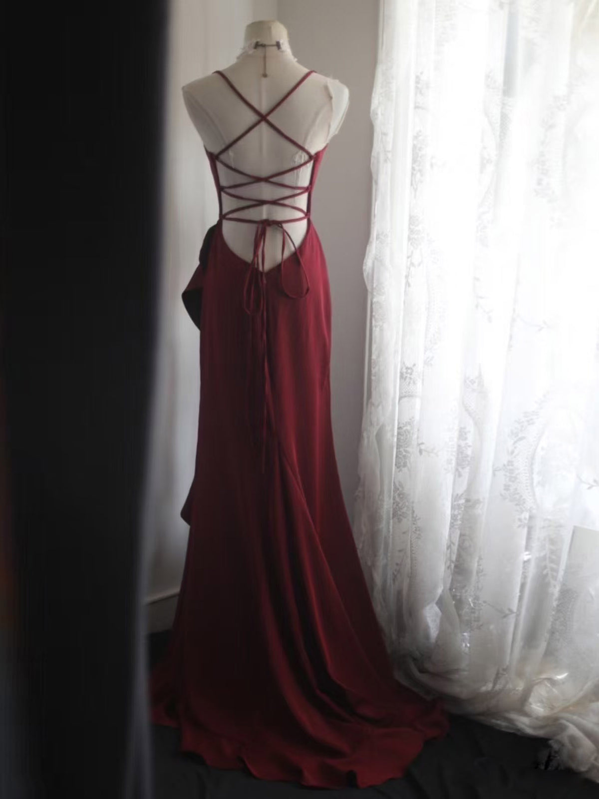 Simple A-Line Ruffles Burgundy Long Prom Dress, Burgundy Party Dress