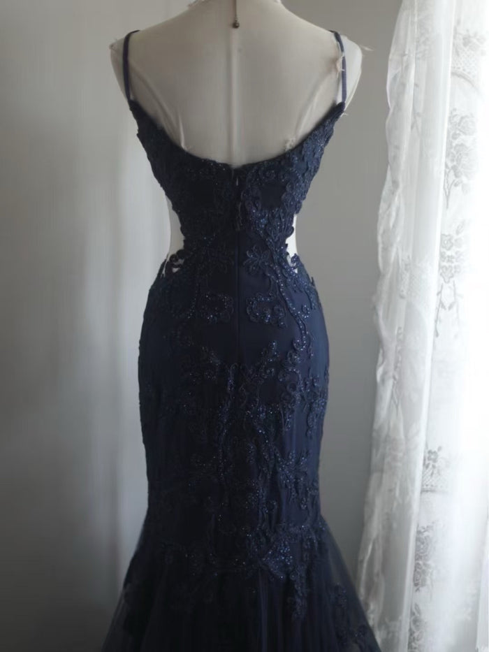 Mermaid Spoon Neck Tulle Lace Dark Blue Long Prom Dress