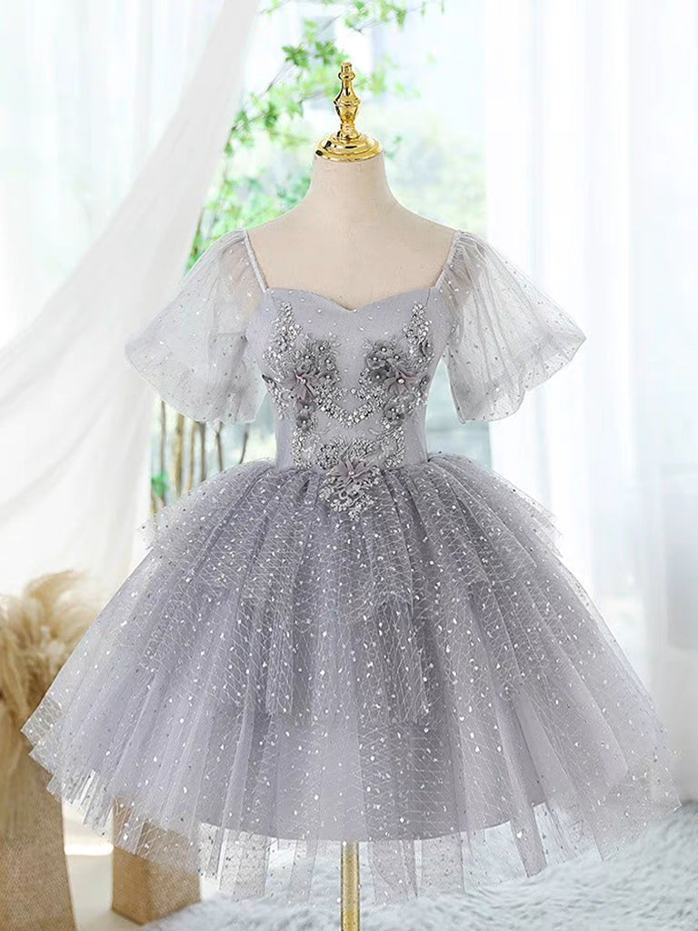 A-Line Tulle Lace Gray Short Prom Dress, Cute Gray Homecoming Dress