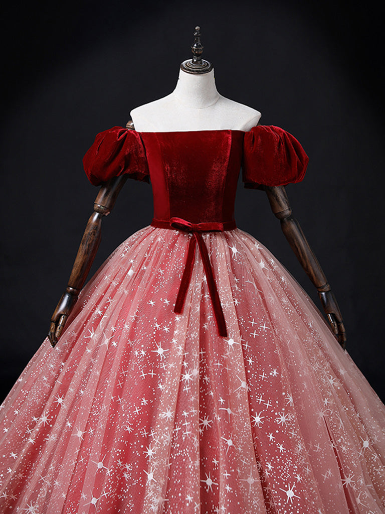 A-Line Burgundy/Pink Tulle Long Prom Dress, Burgundy/Pink Sweet 16 Dre – toptby