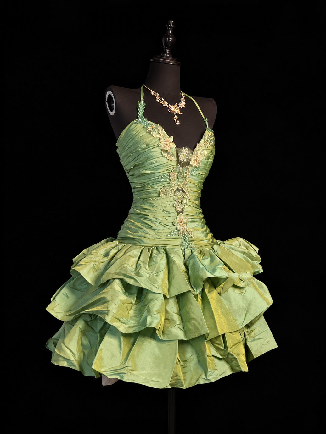 Sage Green Halter Ruched Lace Appliqué Tiered Ruffle Short Prom Dress