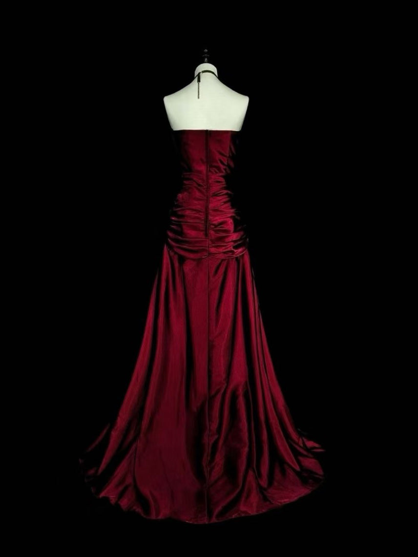 A-line Satin Lace Floor Length Burgundy Prom Dress