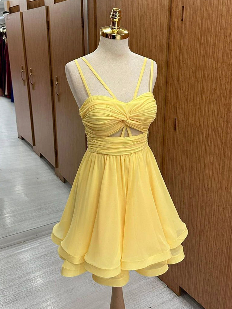 A-Line Chiffon Yellow Short Prom Dress, Yellow Homecoming Dress
