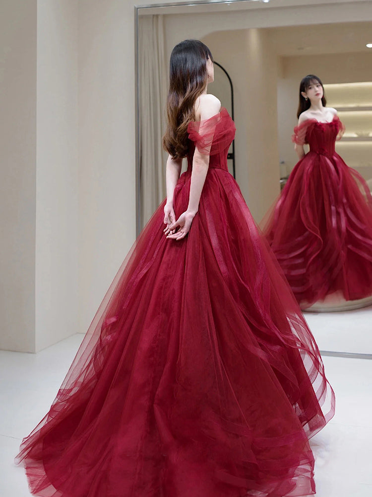 A-Line Tulle Burgundy Long Prom Dress, Burgundy Formal Dress