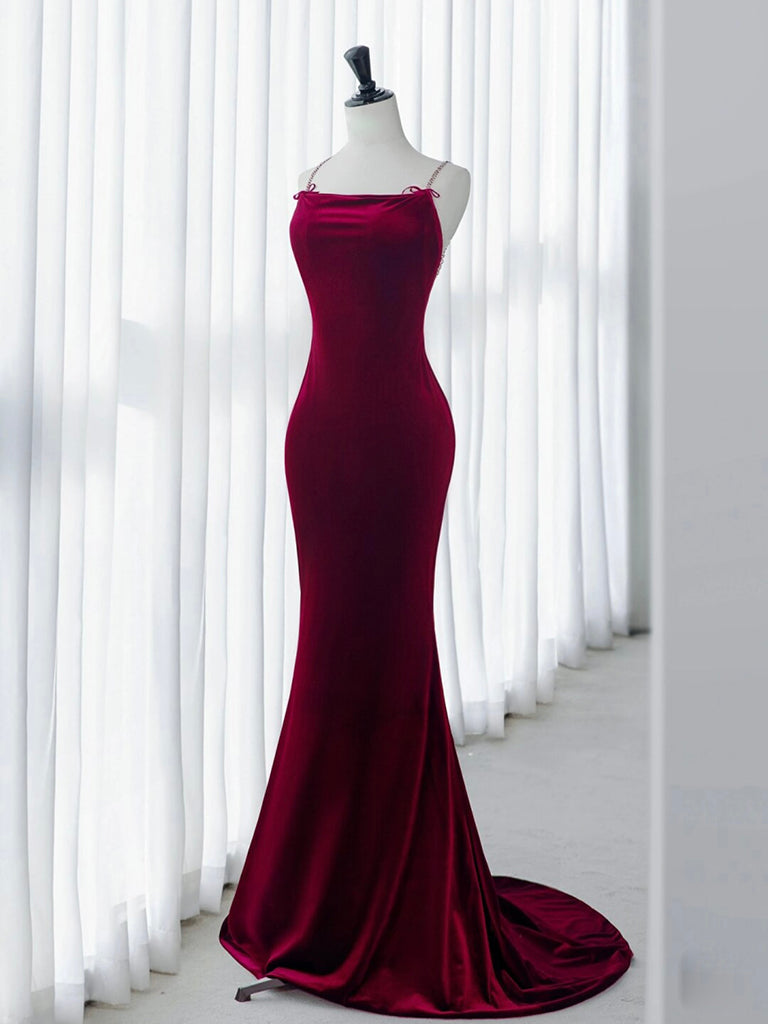 Mermaid Backless Velvet Burgundy Long Prom Dress with Beads – toptby