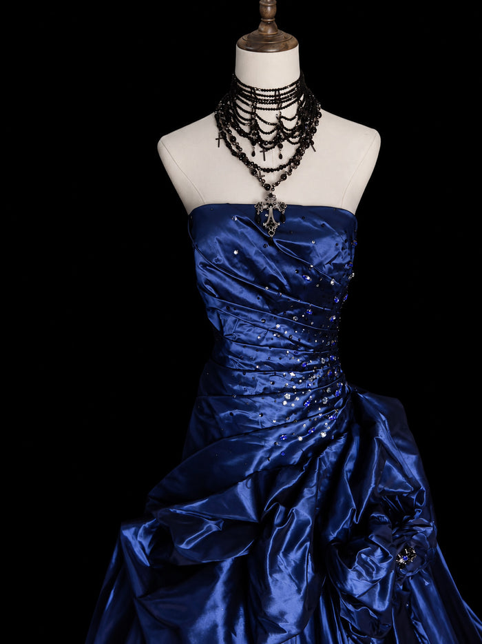 Blue Strapless Beaded Satin Prom Gown with Ruffled Skirt