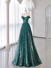 A-Line Tulle Sequin Green Long Prom Dress, Green Formal Evening  Dress