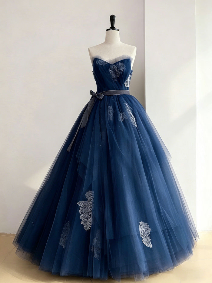 A-line Tulle Lace Floor Length Dark Blue Long Prom Dress