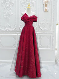 A-Line Off Shoulder Tulle Satin Burgundy Long Prom Dress