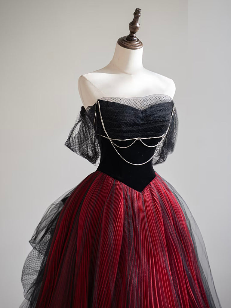 A-Line Off Shoulder Tulle Black/Burgundy Long Prom Dress